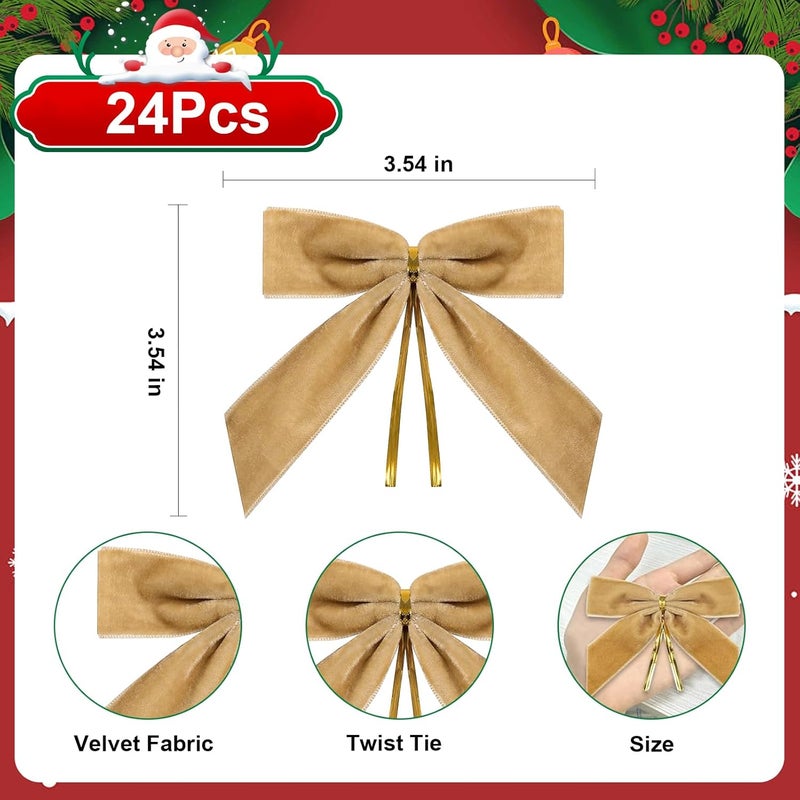 CCILAND Store 24 Pcs Light Brown Small Velvet Bows for Christmas Tree, 3.54 Inch Mini Christmas Bows for Gift Wrapping, Twist Tie Velvet Bows Xmas Ornaments for Wreath, Crafts, Party, Wedding - Image 2
